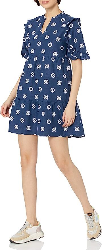 Goodthreads Women's Washed Linen Elbow Sleeve Split Neck Tiered Dress | Amazon (US)