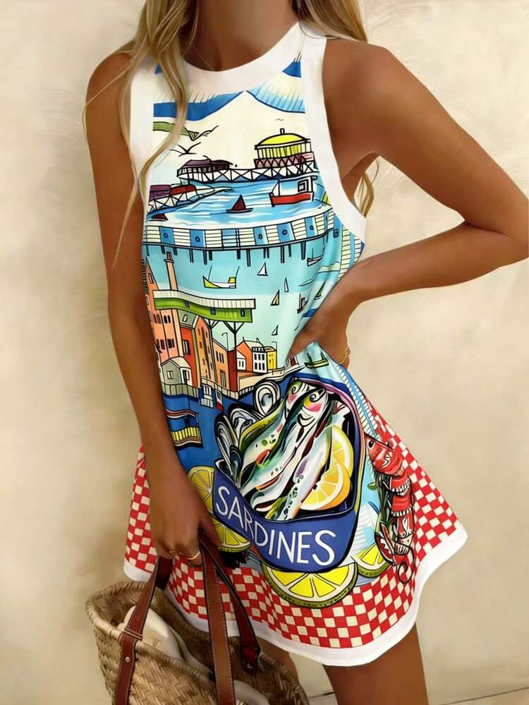 Vaclyn Women's Casual Landscape Print Sleeveless Dress | SHEIN