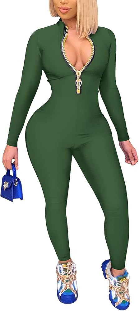 ECHOINE Sexy Jumpsuits for Women Long Sleeve V Neck Zipper Casual One Piece Rompers Bodycon Outfi... | Amazon (US)