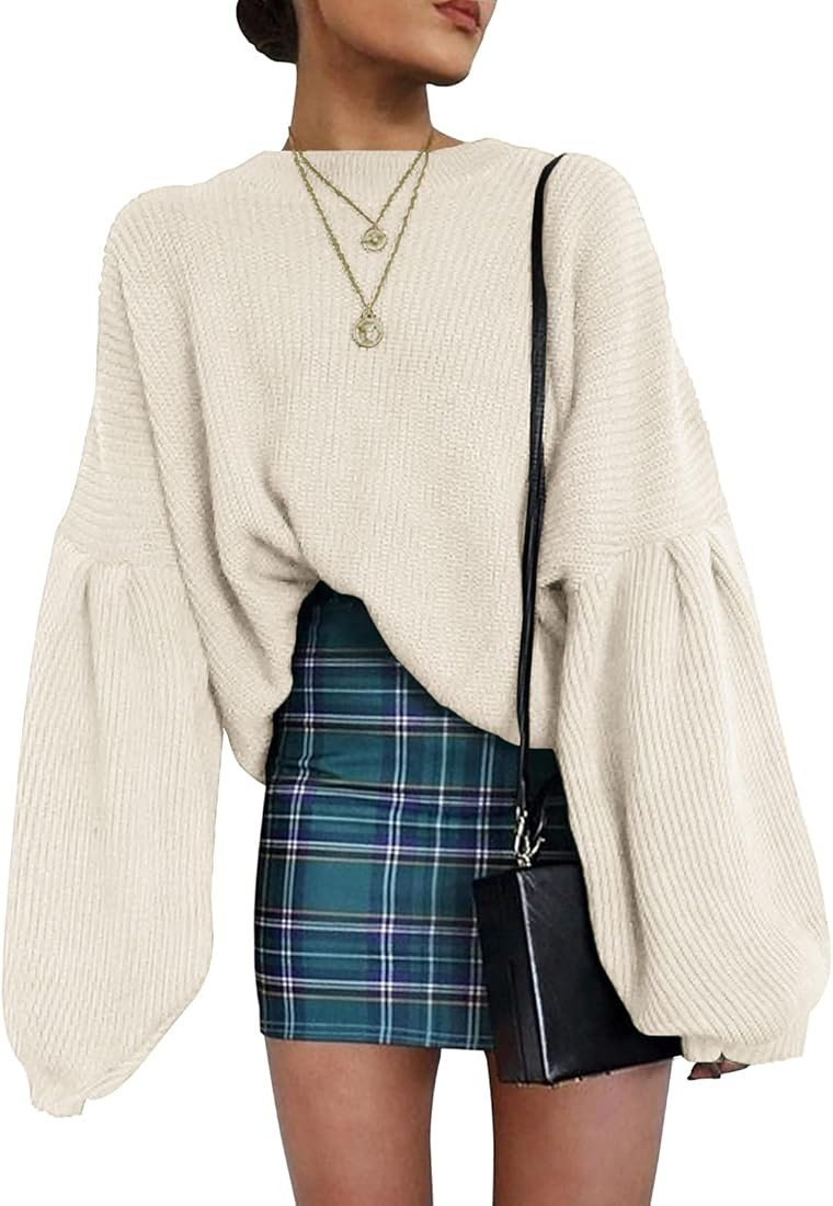 PRETTYGARDEN Women's Oversize Sweaters Loose Drop Shoulder Lantern Sleeve Round Neck Fashion Pull... | Amazon (US)