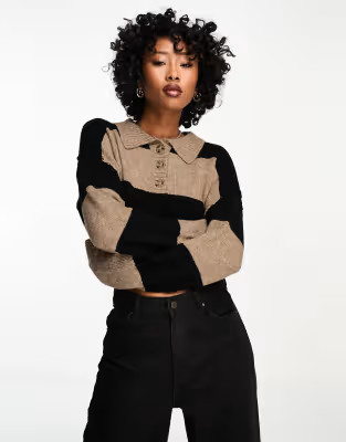 ASOS DESIGN crop rugby sweater with collar in stripe in black and camel | ASOS (Global)