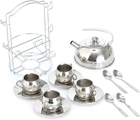 Timy Play Tea Party Set 14pcs for Girls, BPA Free Stainless Steel Teapot Pretend Kitchen Toys | Amazon (US)