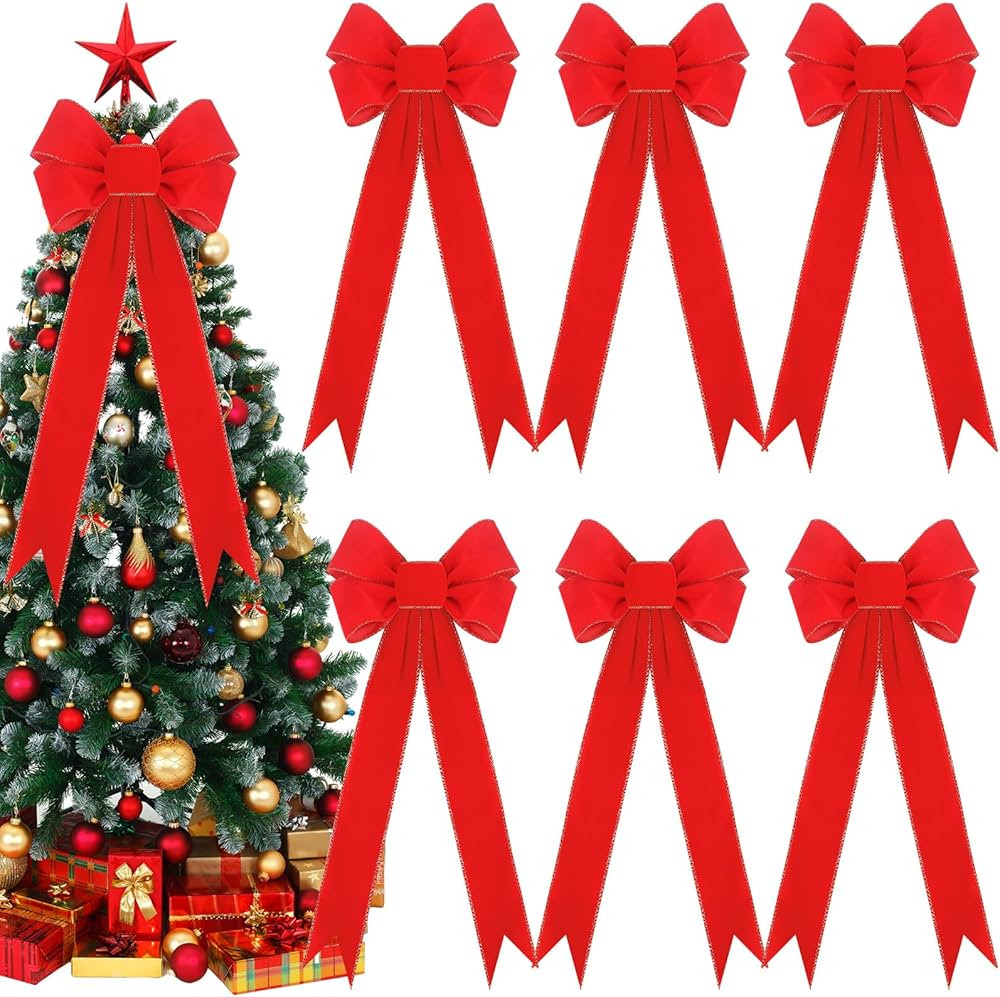 Zeyune 6 Pieces Extra Large Christmas Red Bows 44 x 15 Inches Big Red Bows with Glitter Gold Edge... | Amazon (US)