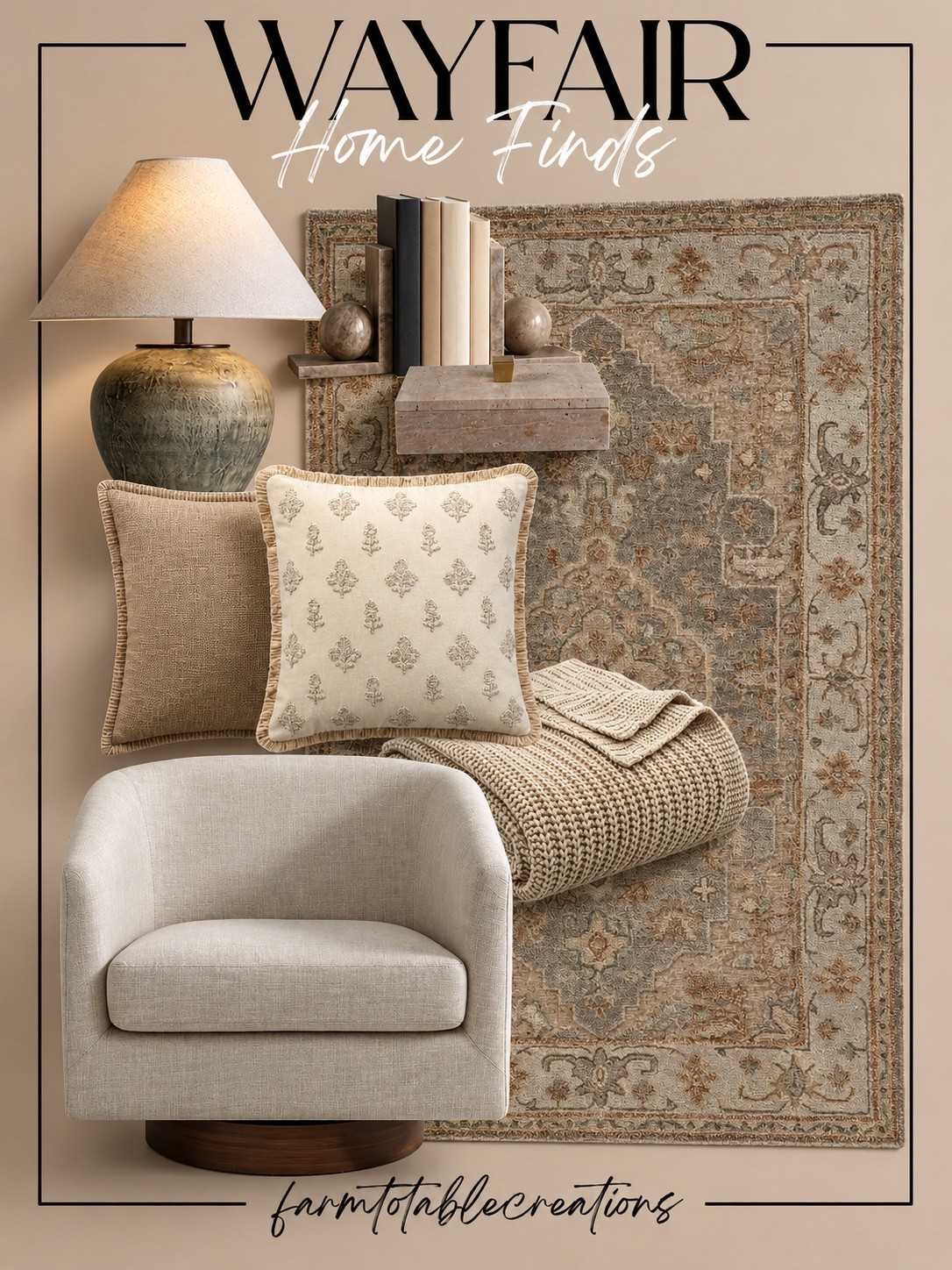 Wayfair Neutral Home Finds 🤎

These Wayfair finds are giving cozy, collected, designer-inspired style! The vintage-look rug sets the perfect neutral foundation, while the creamy swivel chair, chunky knit throw, layered pillows, and oversized ceramic lamp bring in so much warmth and texture.

I especially love the mix of soft ivory, taupe, muted green, and natural stone tones. These pieces would be beautiful in a living room, bedroom, or cozy reading corner and transition effortlessly from season to season.

Follow @farmtotablecreations on Instagram for more cozy home finds and trending decor.

#LTKHome #Wayfair #WayfairFinds #WayfairHome #WayfairStyle #NeutralHome #CozyHome #HomeDecor #LivingRoomInspo #ReadingNook #DesignerInspired #WarmNeutrals #CozyDecor #HomeInspo #LTKFinds

#LTKHome #LTKSaleAlert