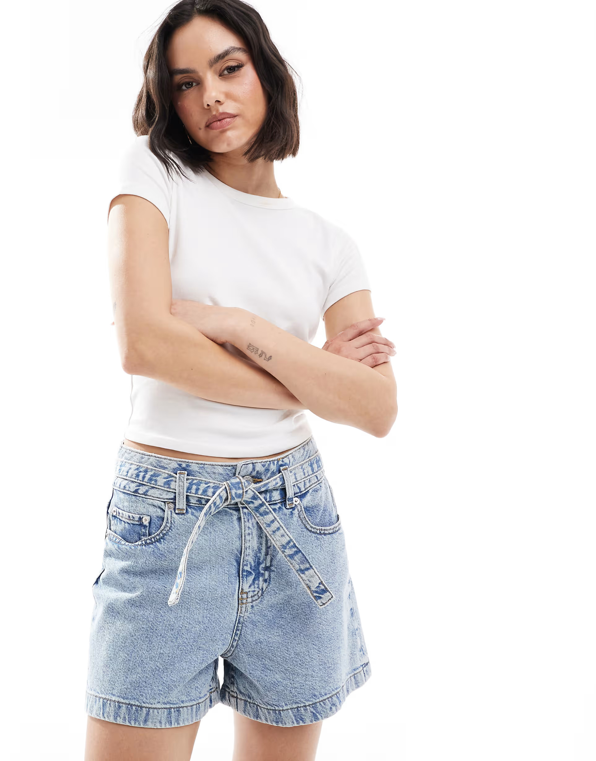 JJXX denim shorts with tie waist in light blue | ASOS | ASOS (Global)