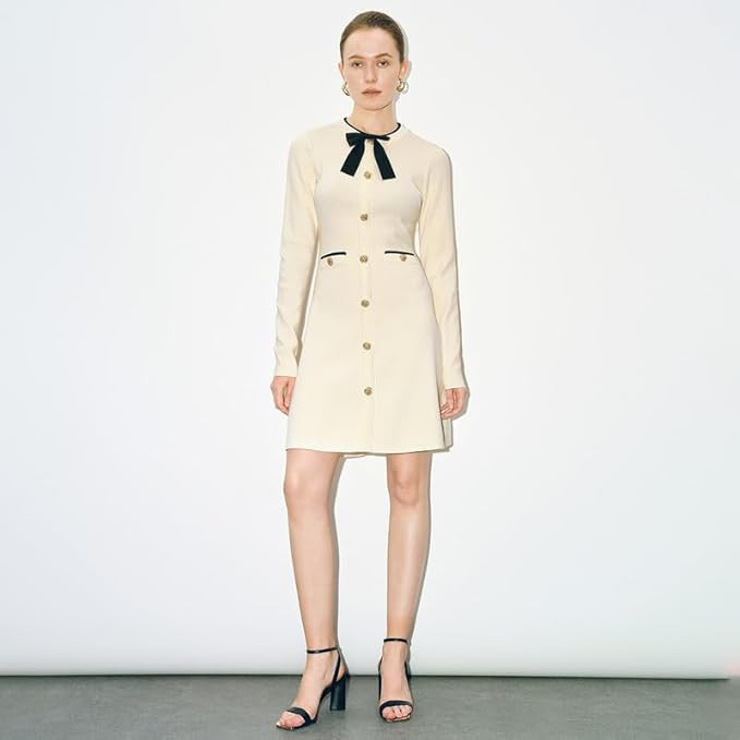 Women's Long Sleeve Fall Sweaters Dresses Button Slim Kint Mini Pullover Dress Bow Tie | Amazon (US)