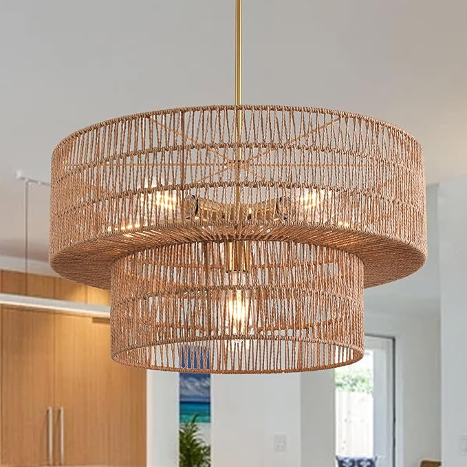 23.62" 6-Light Rattan Farmhouse Chandelier, Boho Large Pendant Light, Large Wicker Chandelier Lig... | Amazon (US)