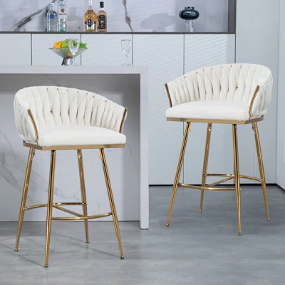 Luxurious Velvet Counter Height Bar Stools Set Of 2 With Hand-Wave Back And Golden Chromed Base | Wayfair North America