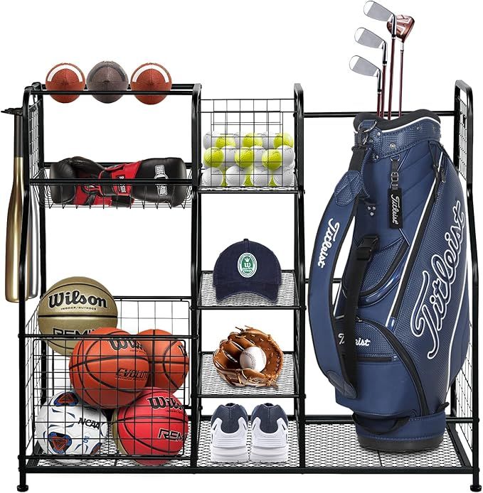 Golf Bag Storage Rack - Fits 2 Golf Bags, Sports Ball Organizer Stand with Baskets and Hooks, Gol... | Amazon (US)