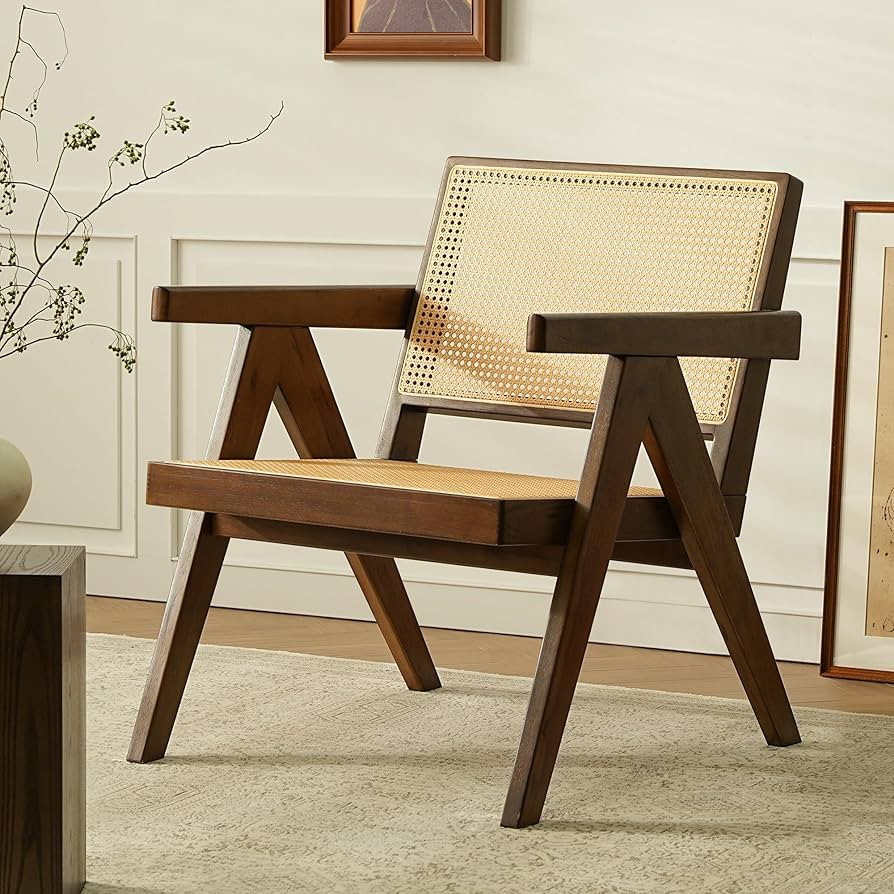 Rattan Accent Chair, Boho Side Chairs,Armrest Reading Chair Mid Century Modern Cane Chair with Ru... | Amazon (US)