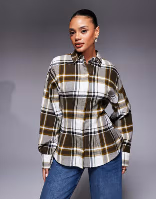 ASOS DESIGN cinched waist shirt in khaki check | ASOS | ASOS (Global)