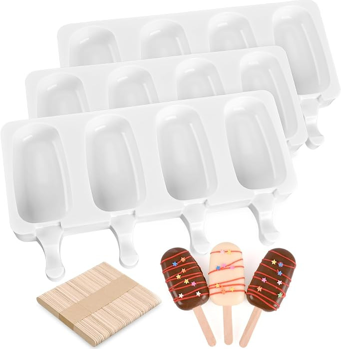 3 Pack 4 Cavity Popsicle Silicone Molds with 100 Pcs Wooden Sticks | Amazon (US)
