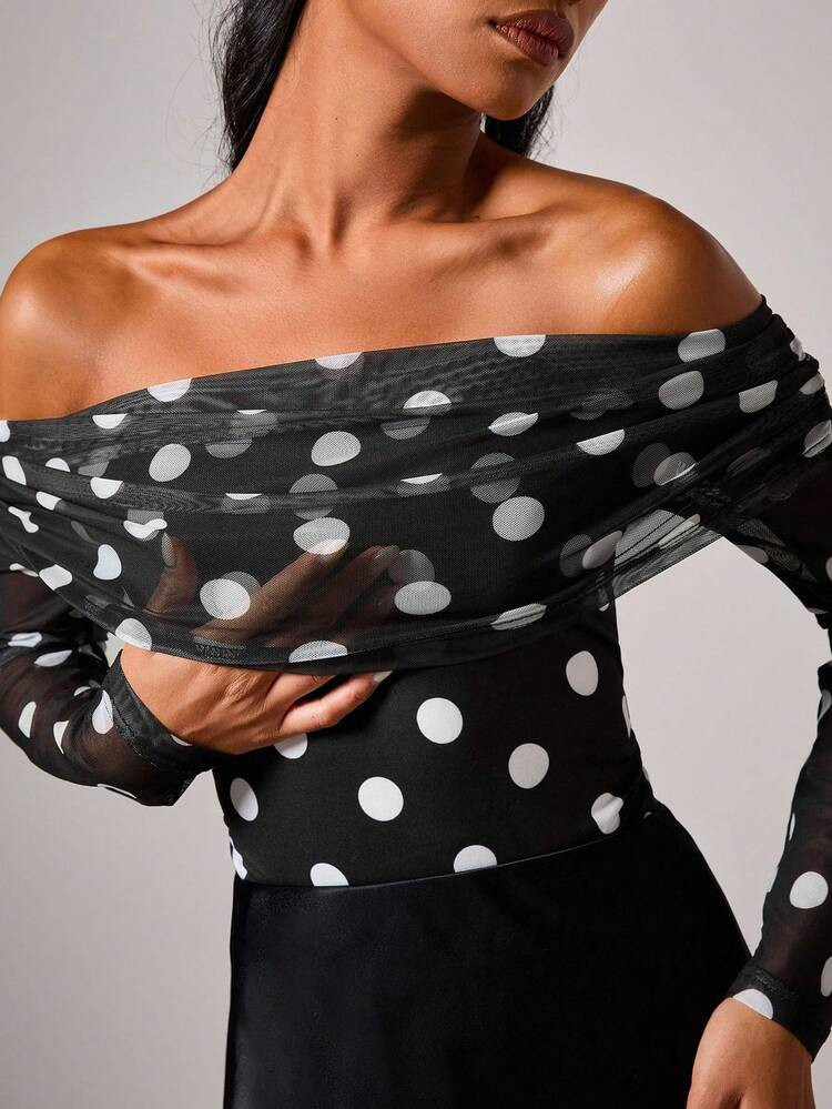 COSMINA Women's Elegant Polka Dot Off Shoulder Bodysuit Polka Dot Top | SHEIN