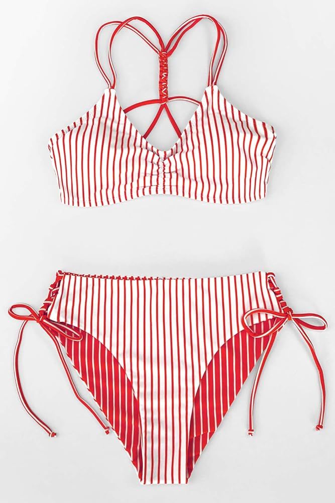 Amazon.com: CUPSHE Women's Back Braided Straps Reversible Bottom Strappy Lace Up Bikini Sets, S R... | Amazon (US)