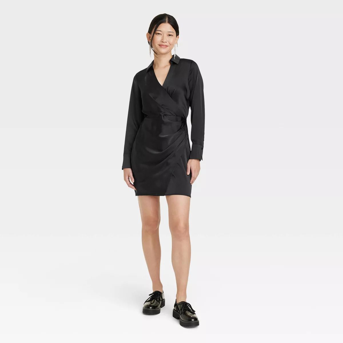 Women's Long Sleeve Satin Shirtdress - A New Day™ Black S | Target