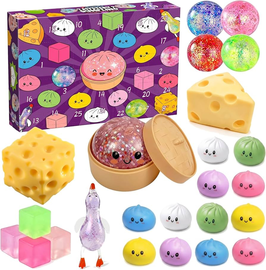 2026 Squishy Advent Calendar, 25 Day Christmas Countdown with Dumpling, Cheese, Glitter Ball & Su... | Amazon (US)