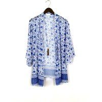 Blue Border Print Kimono, Boho Free Size Women's Kimono Duster, Open Front Jacket | Etsy (US)
