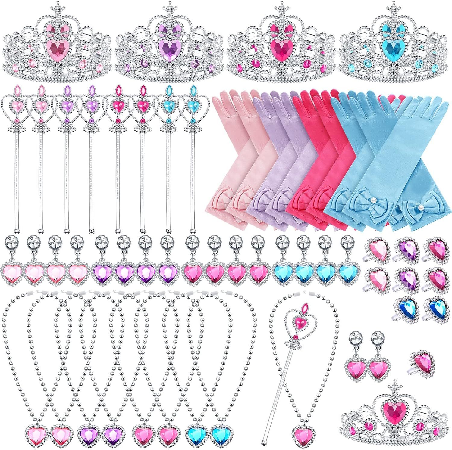 64 Pcs Princess Jewelry Toys for Girls, Princess Party Favors Dress up Accessories Included Crown... | Amazon (US)