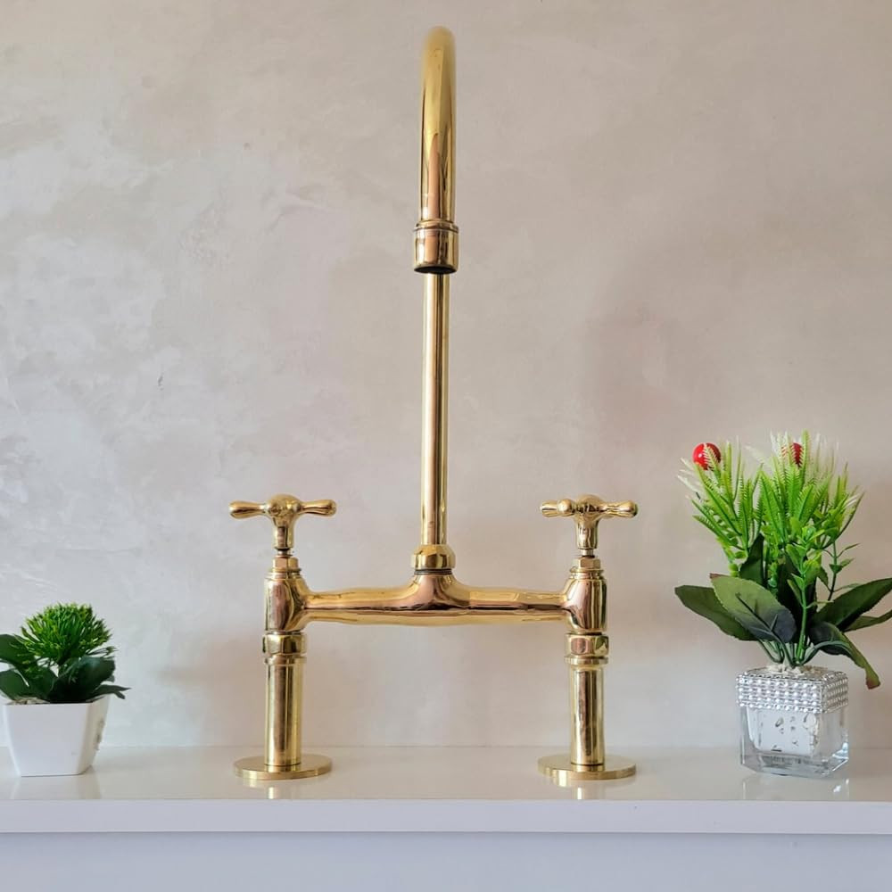 Unlacquered Brass Kitchen Faucet- Antique Style - Sink Faucet - Solid Brass Bridge Faucet - Kitch... | Amazon (US)