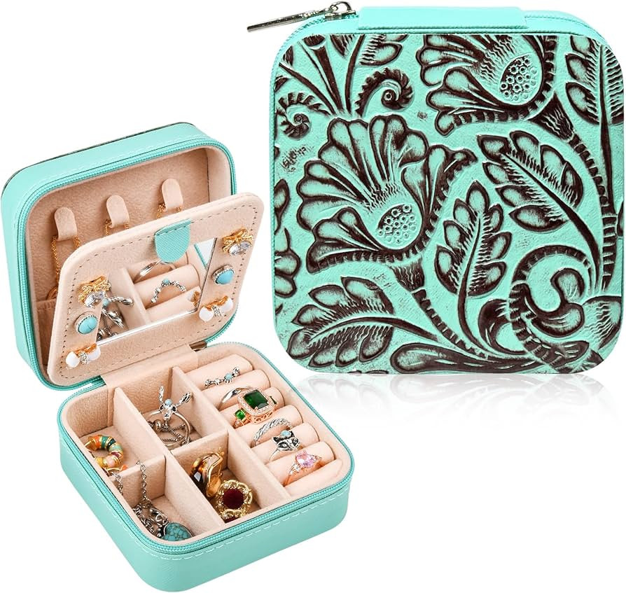 DEEKA Western Jewelry Box Case Real Leather Turquoise and Brown Embossed Tooled Travel Jewelry Or... | Amazon (US)