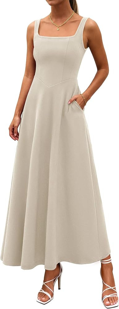 PRETTYGARDEN Womens Summer Dresses 2026 Sleeveless Elegant Square Neck Aline Swing Maxi Beach Wed... | Amazon (US)