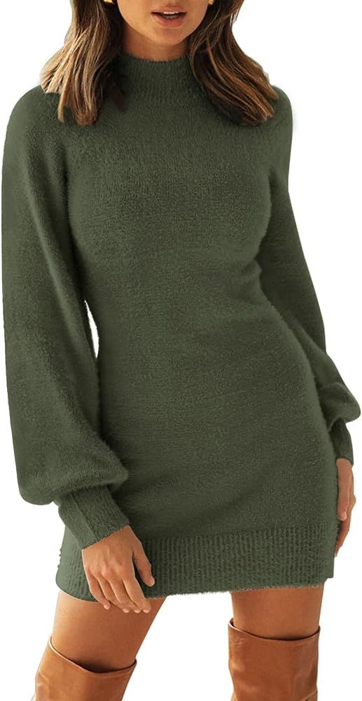 ZESICA Women's 2023 Casual Turtleneck Long Puff Sleeve Soft Fuzzy Knit Bodycon Pullover Mini Swea... | Amazon (US)