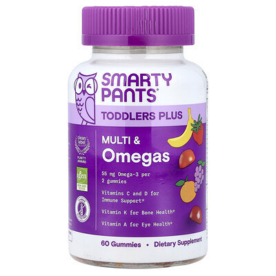 SmartyPants, Toddler Plus, Multi & Omegas, Grape, Orange, & Strawberry Banana, 60 Gummies | iHerb