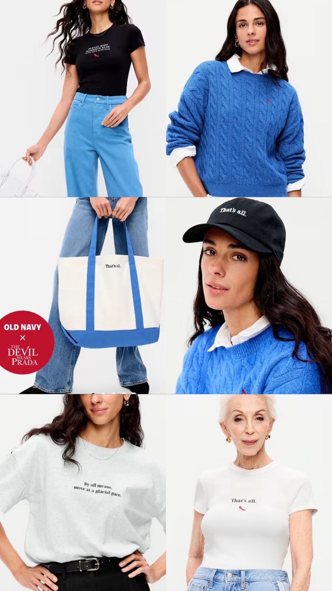 Old navy x the devil wears prada movie collaboration
Meryl Streep
Graphic tee
Cerulean sweater


