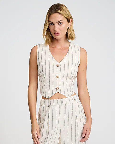 Summer-blend Linen Striped Cropped Blazer Vest | Express