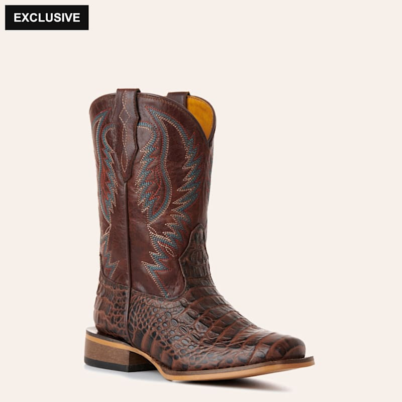 Cavender's Youth Chocolate Crocodile Print Wide Square Toe Cowboy Boots | Cavender's