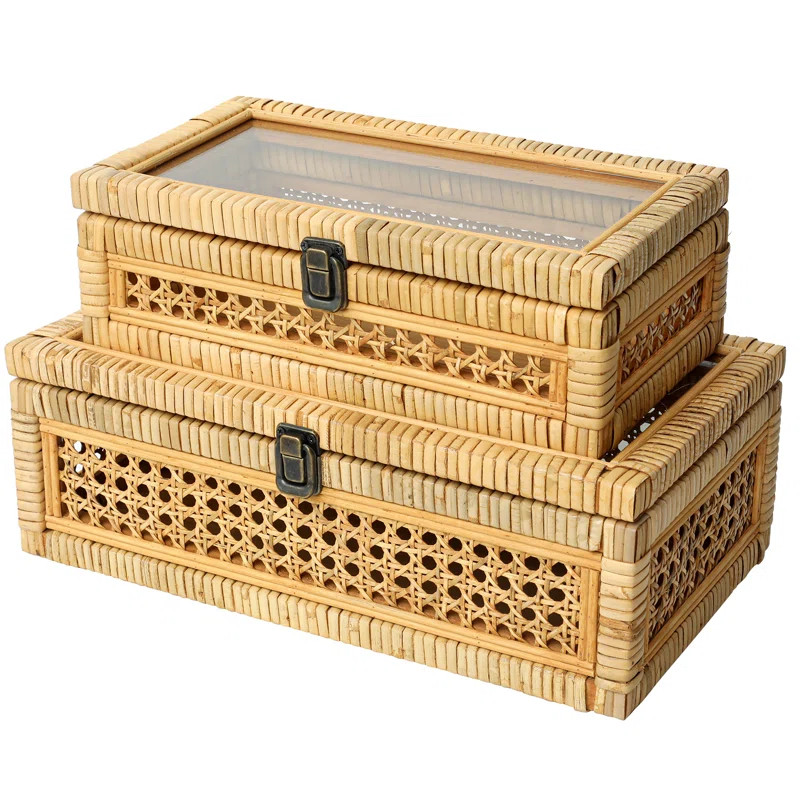 Rattan Decorative Boxes With Glass Top, Set Of 2 | Wayfair North America