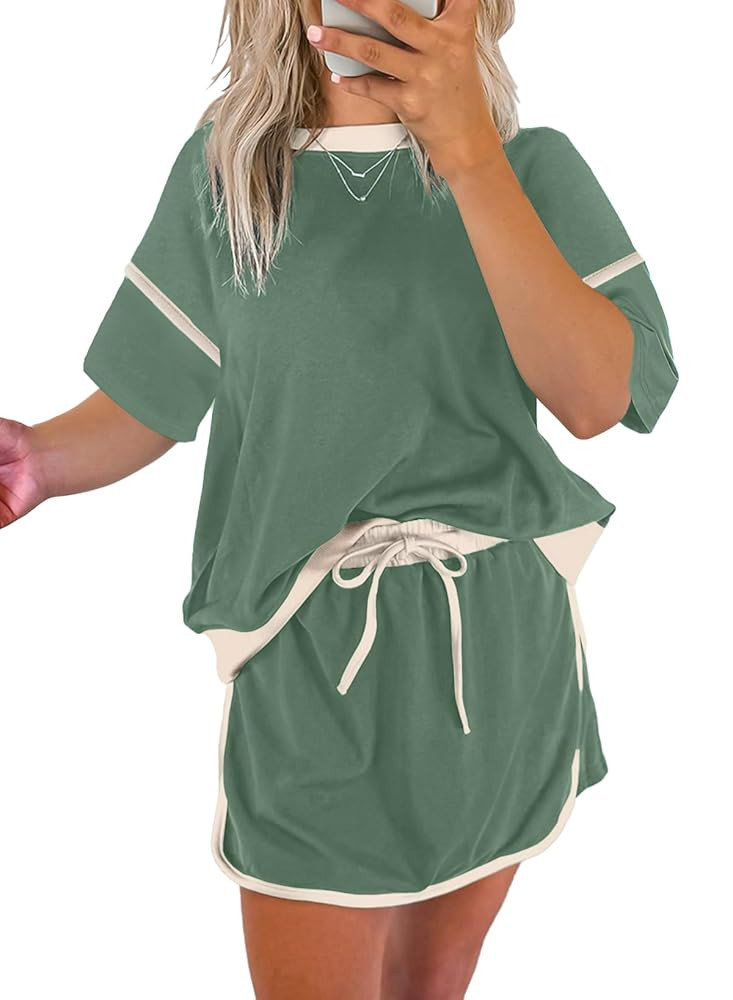 EVALESS Women's 2 Piece Sets Summer Casual Short Sleeve Tops Matching Drawstring Mini Skirt Going... | Amazon (US)