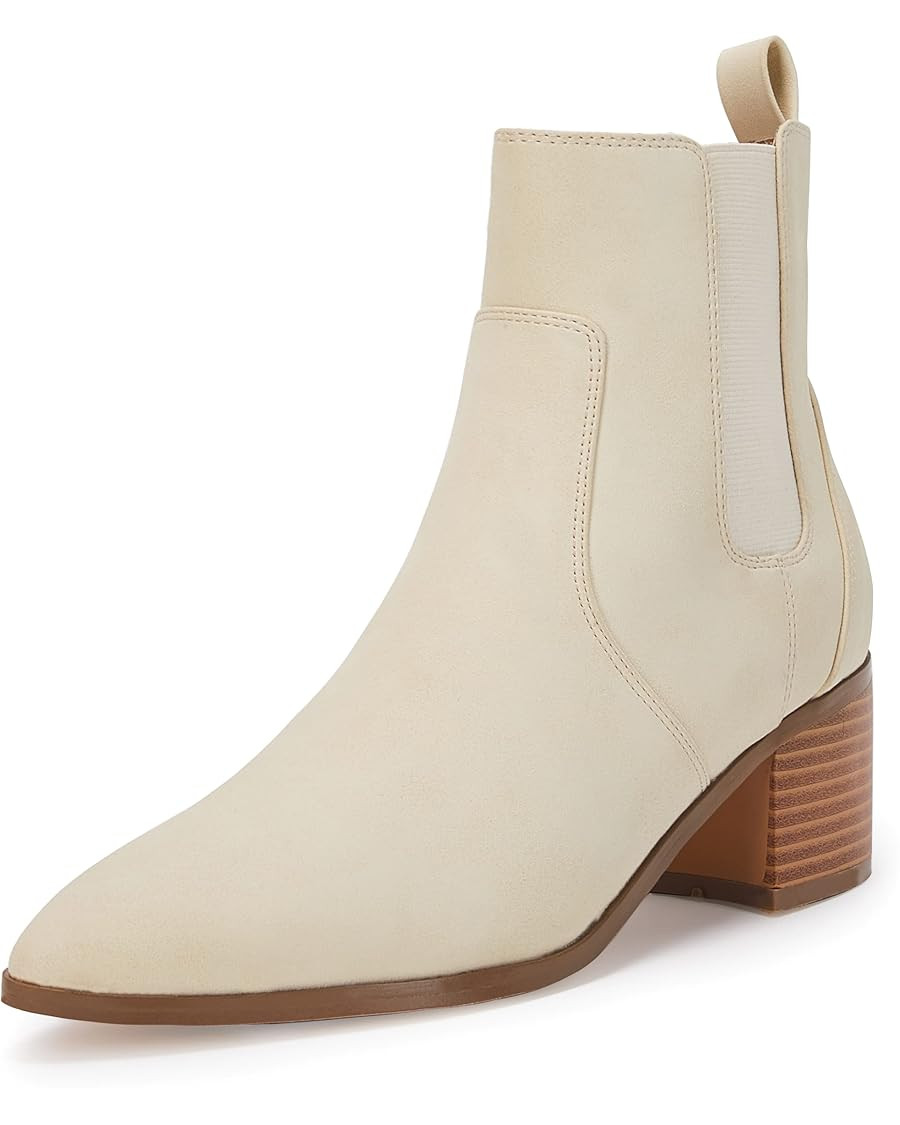Coutgo Womens Ankle Boots Chelsea Pointed Toe Stacked Low Heel Vintage Booties Shoes with Zipper | Amazon (US)