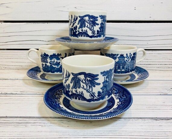 Set of 4  Large Flat Tea / Coffee Cups & Saucers  Willow | Etsy | Etsy (US)