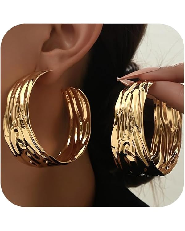 Statement Gold Hammered Wide Hoop Earrings for Women Trendy, Chunky Large Circle Big Huggie Drop ... | Amazon (US)