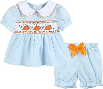 Light Blue Pumpkin Vine Smocked Dress and Bloomers | Amazon (US)