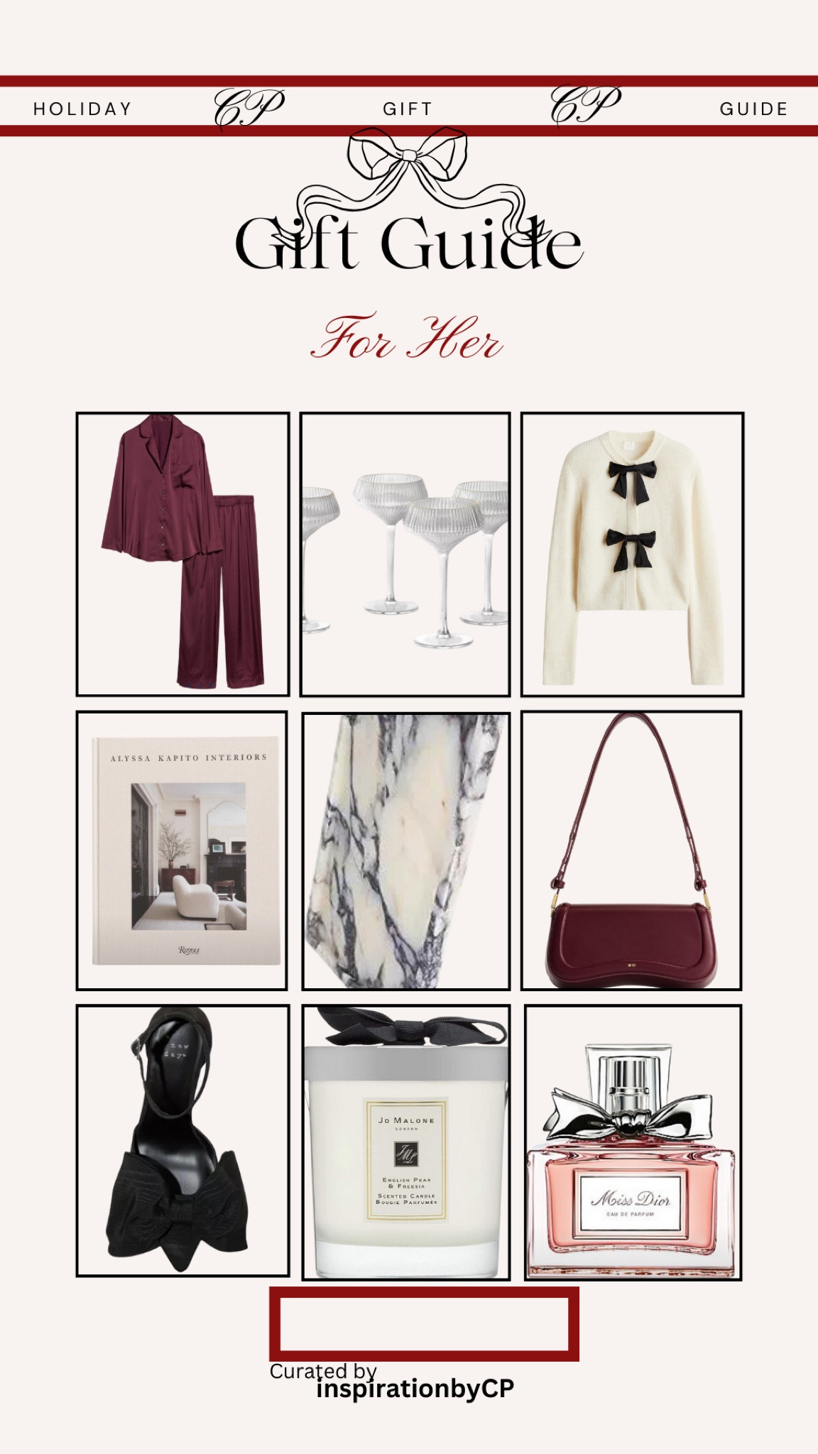 GIFT GUIDE FOR HER
#giftguide2024 #giftideas #giftsforher #burgundybag #satinpajamas #friendsgiftidea #giftsforbff #giftsforgirlfriend #candle #bowtrend #bowsweater

#LTKGiftGuide #LTKU #LTKHoliday