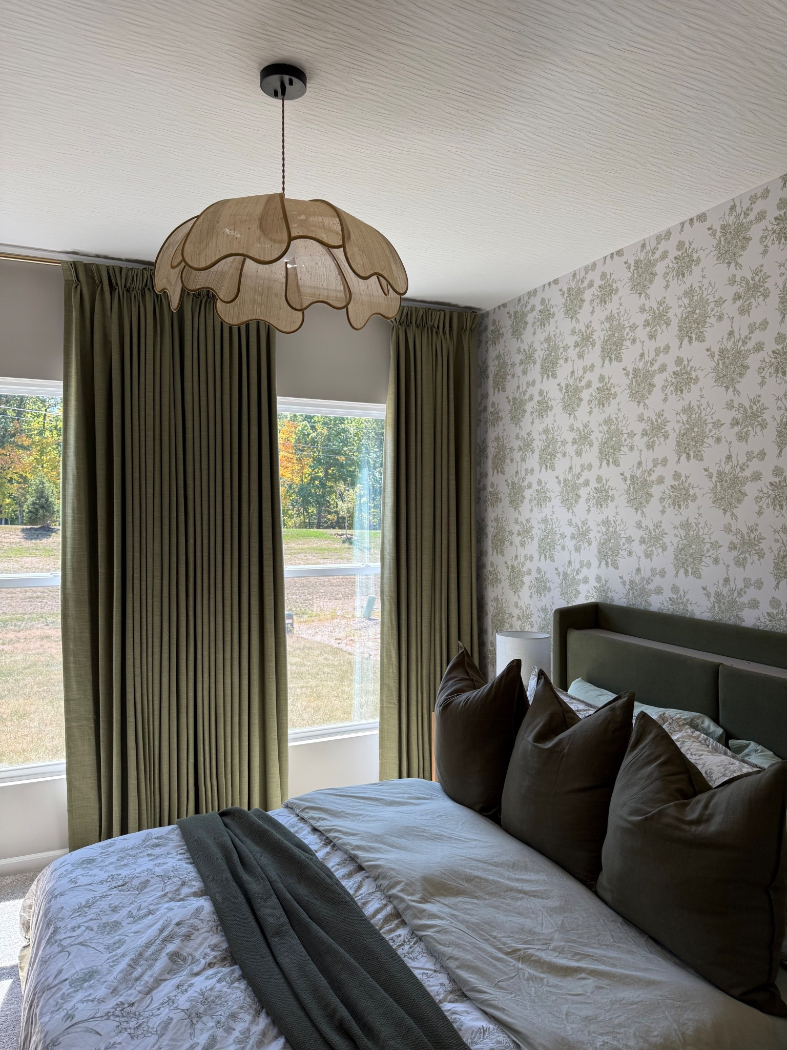 Cozy bedroom decor. Green themed bedroom, scalloped furniture, scalloped lighting. Wallpaper decor, home decor, bedroom furniture. Home decor ideas 

#LTKStyleTip #LTKHome