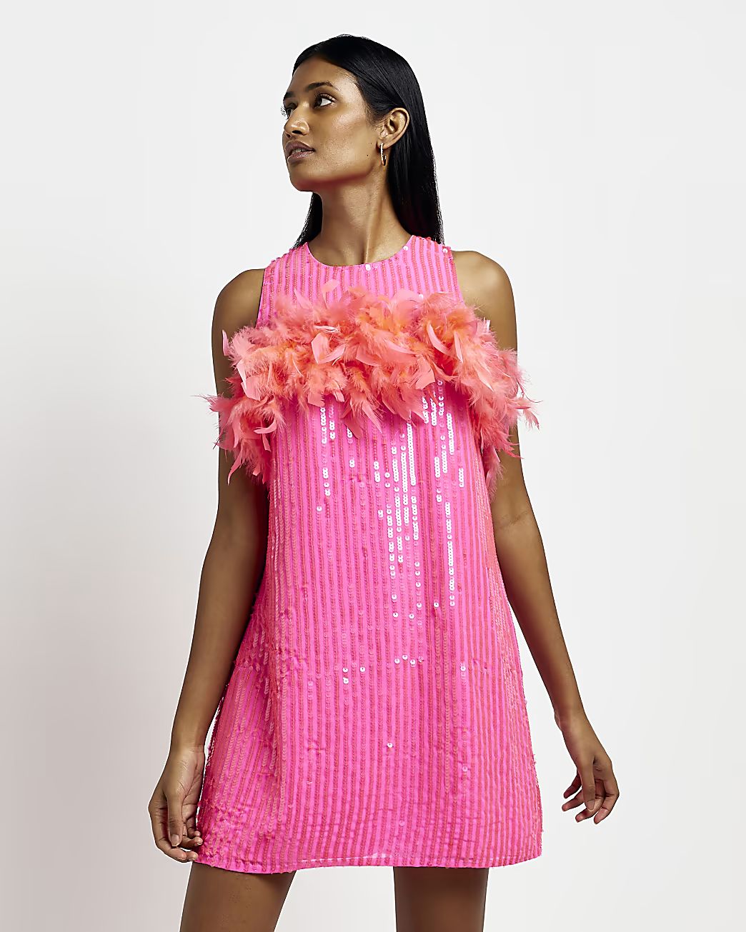 Pink sequin feather shift mini dress | River Island (US)