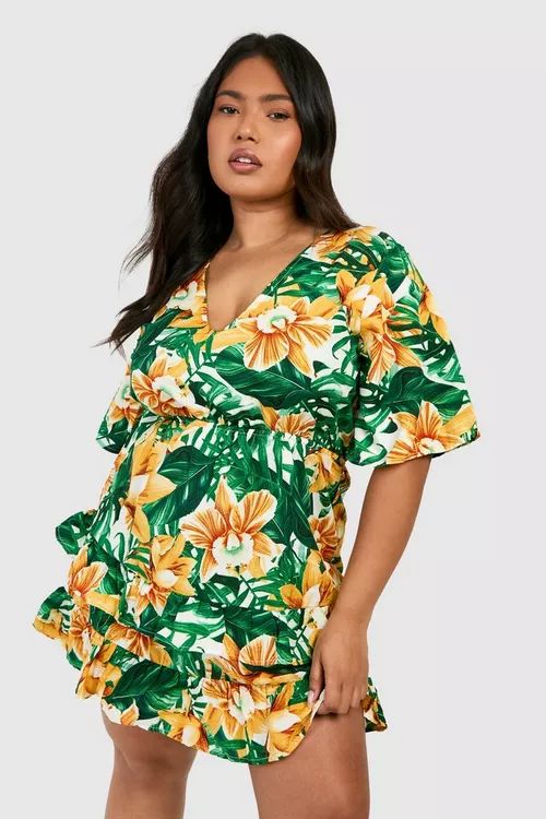 Plus Tropical Floral Ruffle Smock Dress | Boohoo.com (UK & IE)