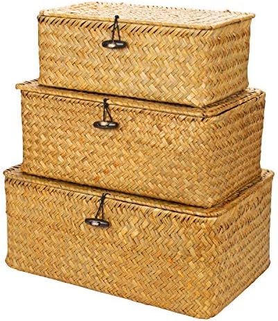 Yesland Woven Wicker Storage Bins with Lid - Set of 3 - Rectangular Seagrass Basket and Storage Bask | Amazon (US)