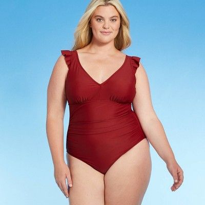 Women's Plus Size Cap Sleeve Plunge One Piece Swimsuit - Kona Sol™ Burgundy | Target