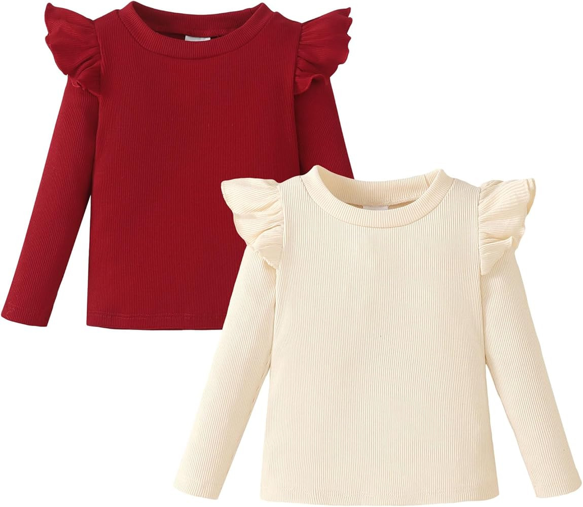 OPAWO Toddler Girl Shirts Ruffled Long/Short Sleeve Baby Tee Tops, Ribbed Toddler Girl Blouse, Ba... | Amazon (US)