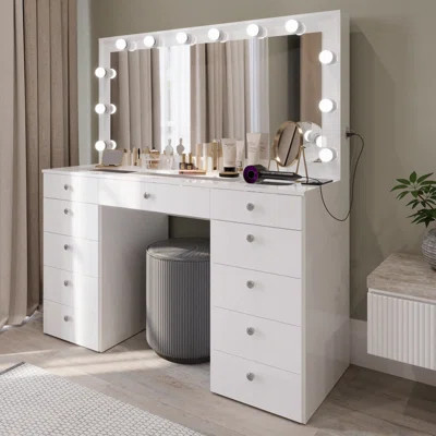 Boahaus EXTRA-LARGE Lighted Makeup Vanity Table, 11 Drawers, Large Mirror, Built In Lights, Power Outlet, Glass Top | Wayfair North America