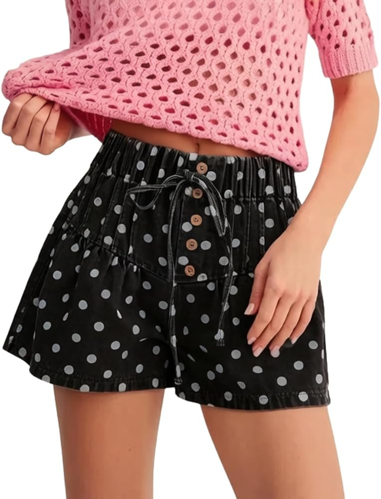 chouyatou Women Summer Polka Dot Jean Shorts High Waisted Cute Floral Elastic Waist Wide Leg Deni... | Amazon (US)