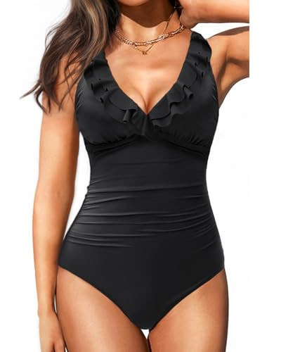 Holipick Women Black One Piece Swimsuits Tummy Control Bathing Suit Ruffle V Neck Swimwear Slimming Monokini for Teen Girls Small | Amazon (US)