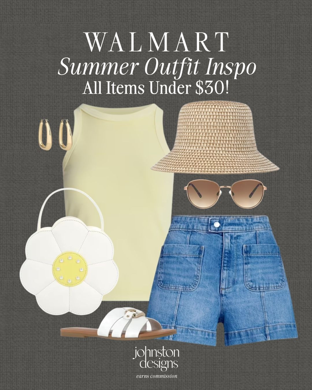 Walmart summer outfit inspo with a pale yellow tank, denim shorts and sweet daisy accessories. 🌼

Walmart summer outfit, yellow tank top, denim shorts outfit, daisy handbag, straw bucket hat, white slide sandals, gold hoop earrings, aviator sunglasses, all items under $30, casual summer style, affordable Walmart fashion, warm weather outfit, cute everyday look, budget friendly style finds, summer weekend outfit 

 #LTKootd #LTKSeasonal