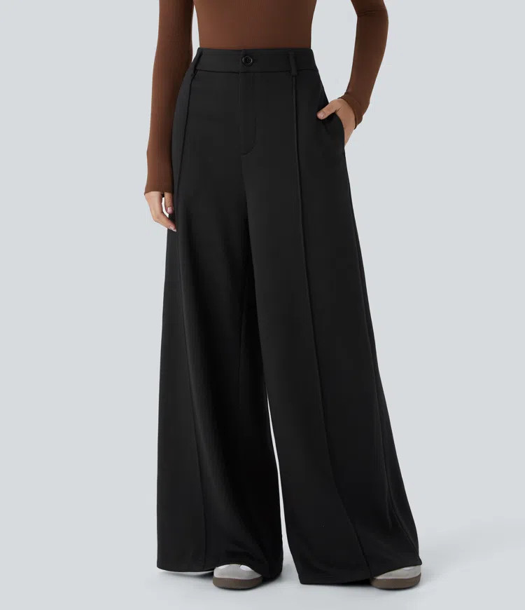 Women’s High Waisted Button Zipper Side Pocket Fleece Wide Leg Casual Pants - Halara | HALARA