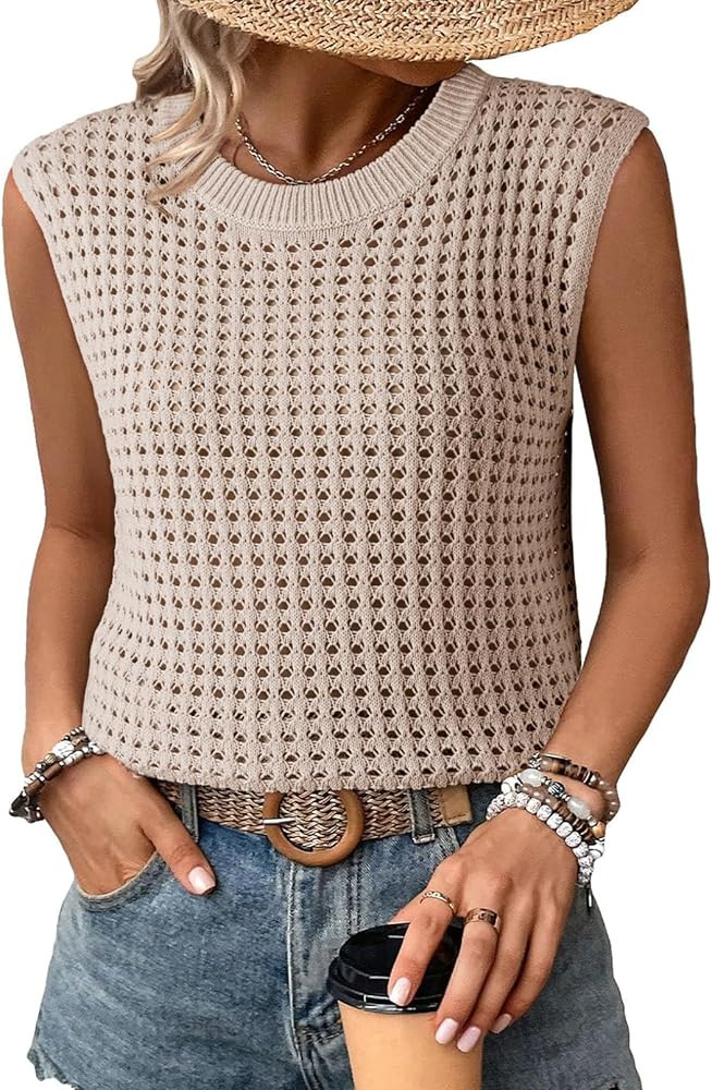 Dokotoo Womens Casual Crewneck Sleeveless Sweaters Vest Loose Crochet Hollow Out Knit Beach Swims... | Amazon (US)