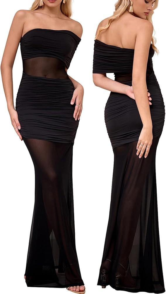 Off Shoulder Bodycon Formal Wedding Guest Maxi Dress Mesh Patchwork Cocktail Dresses for Women 20... | Amazon (US)